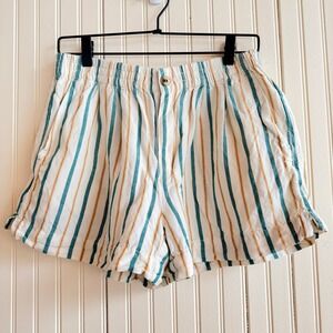 Madewell Linen Blend Short Size S Cream Tan/Teal Stripes, elastic waist, pockets